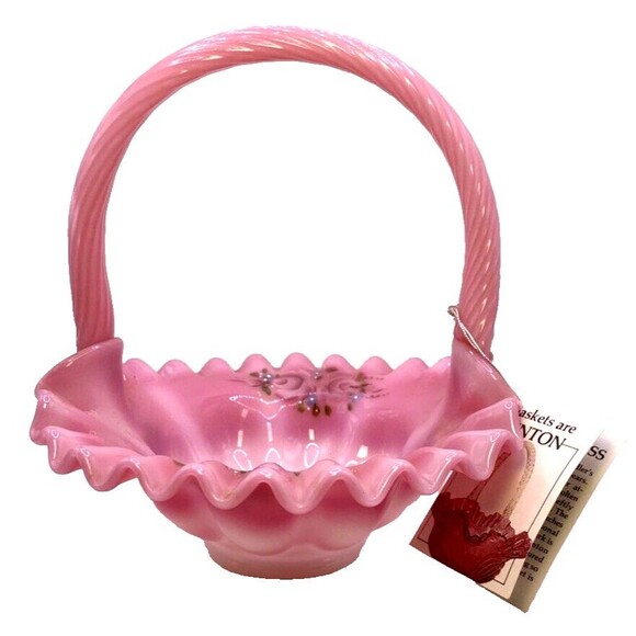 Vintage Fenton Glass Basket 7” Cranberry Pink Opalescent Painted Autographed Rar